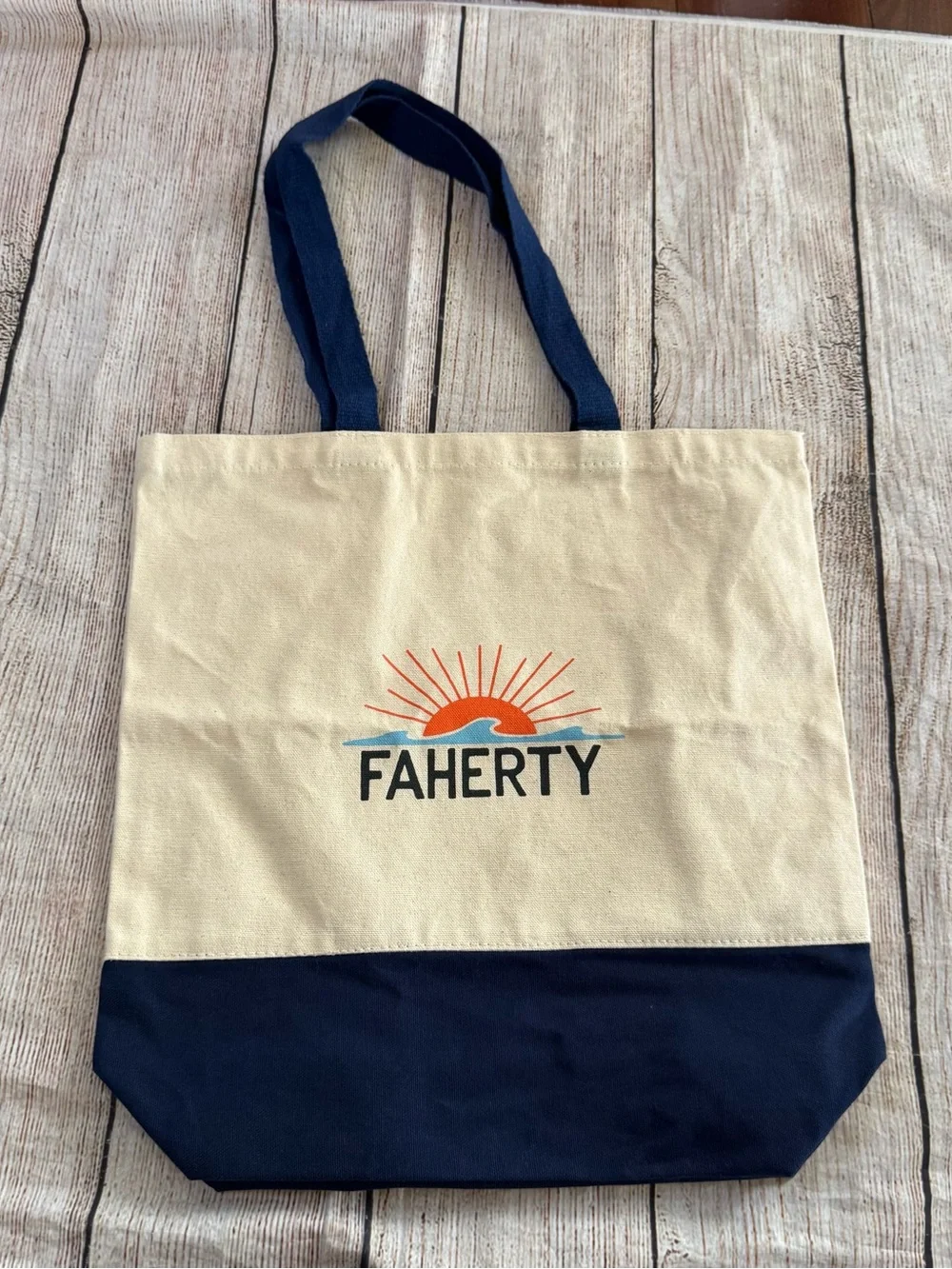 Faherty canvas reusable tote beige navy logo graphic 15.5 in x 14.5 in